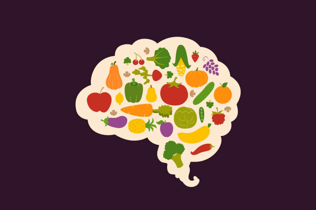Illustration d'un cerveau contenant des aliments. 