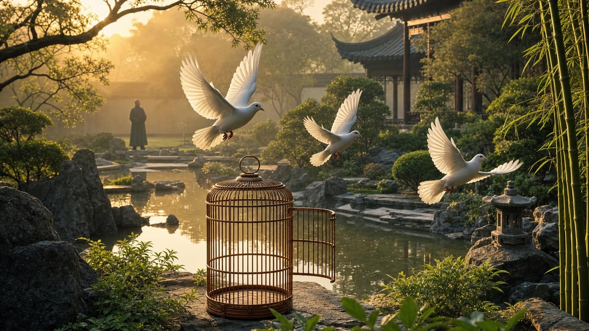 Trois colombes s'envolent d'une cage ouverte dans un jardin chinois